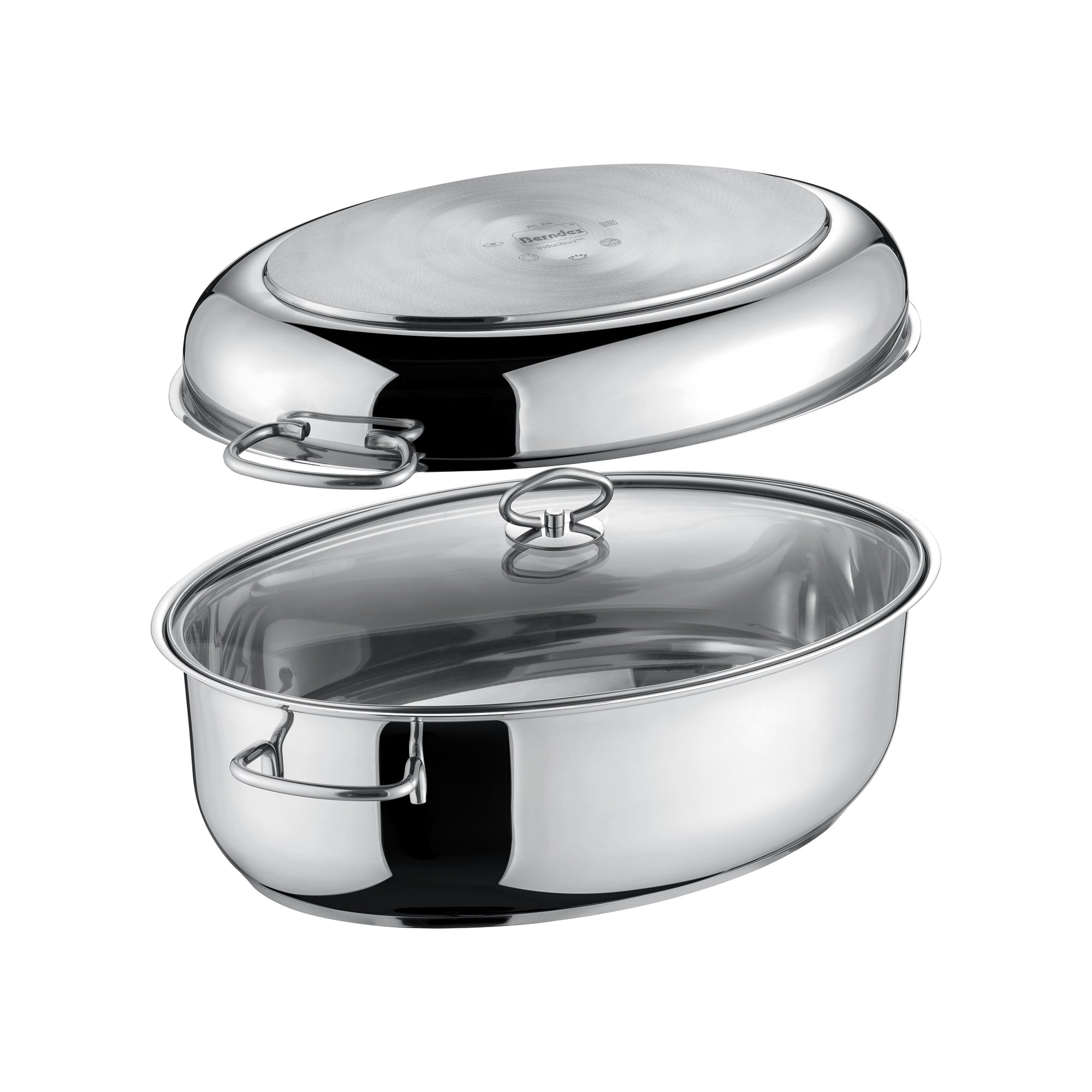 Oval stainless steel roaster, 3-in-1 including glass lid 38 x 25.5 cm,  stainless steel, polished - roaster from BERNDES – BERNDES Küche GmbH